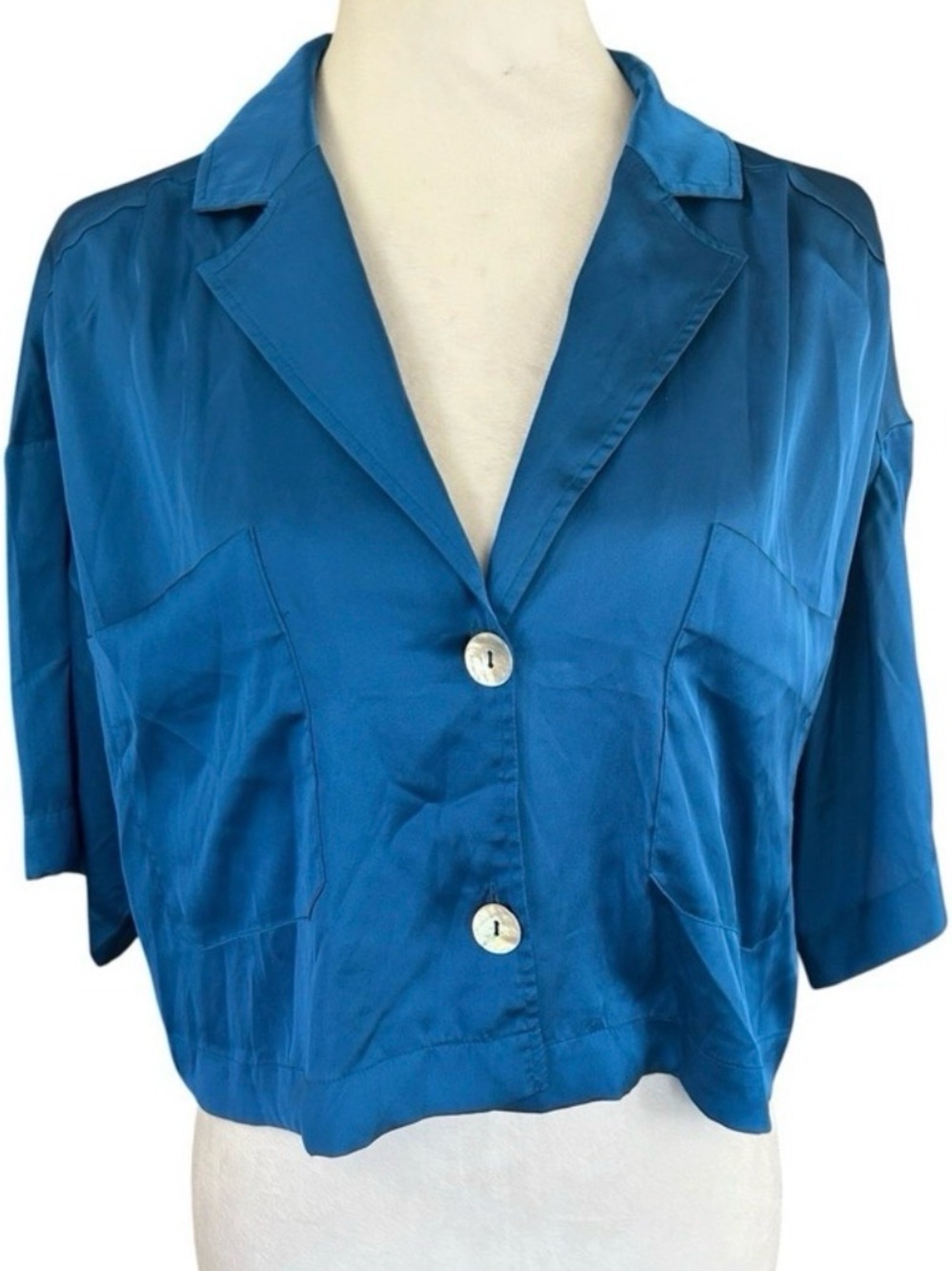 Zara Button Up Satin Crop Blouse in Royal Blue
